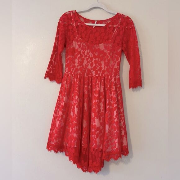 Free People Red Lace Mesh Dress Built In Under Slip With Adjustable Straps Sz 2 - Picture 2 of 10